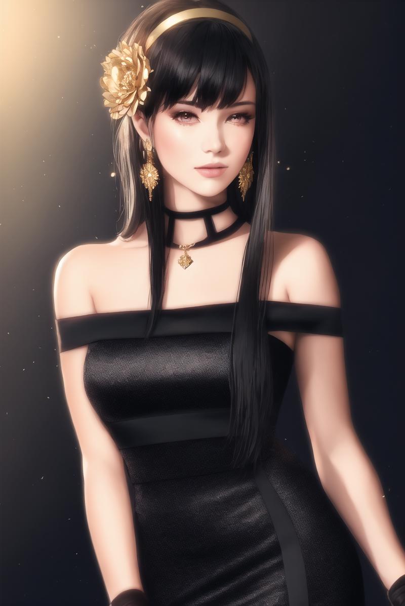 3978514909-1527693373-yor briar, (photorealistic), beautiful girl, __backlighting, bare shoulders, black background, black dress, black gloves, black.png